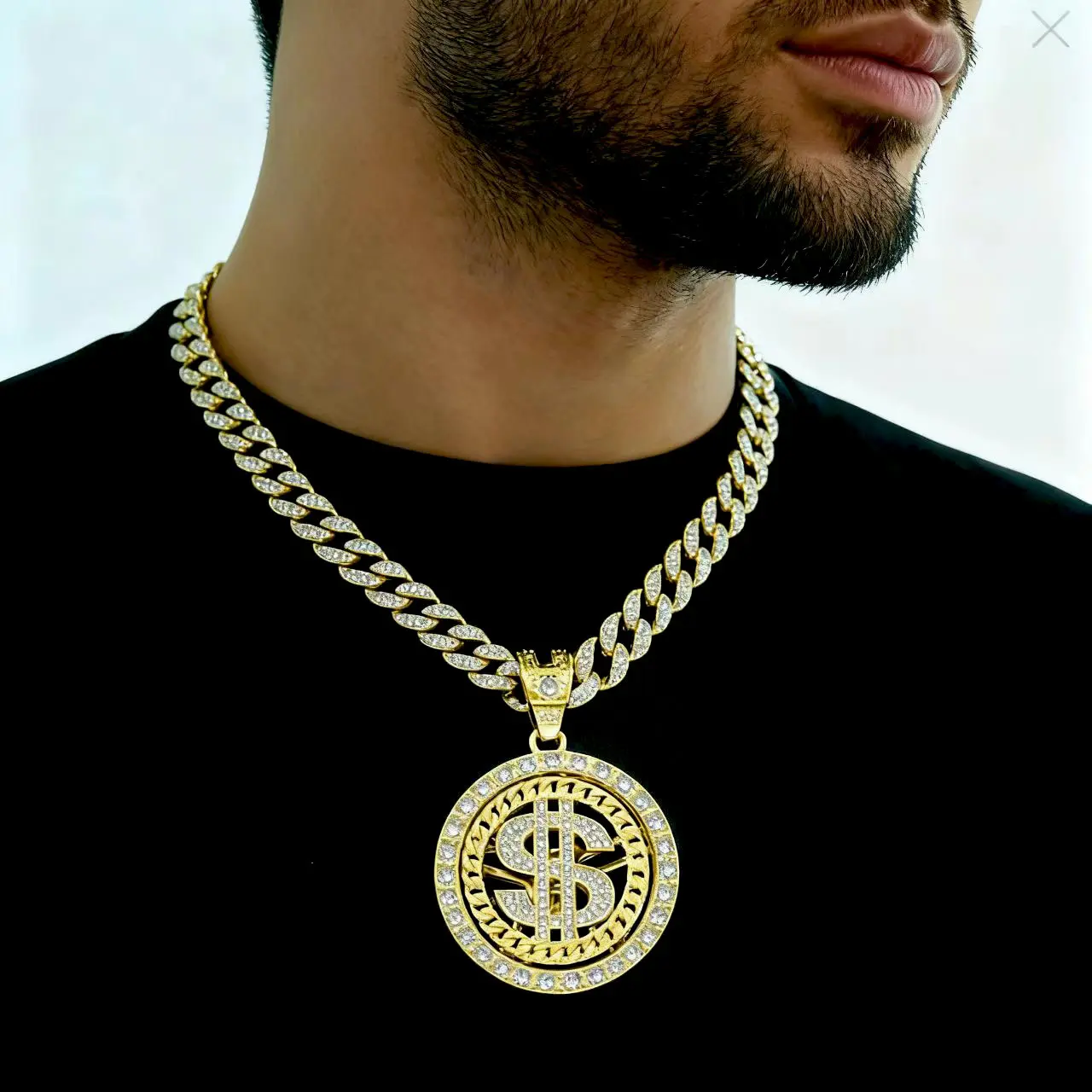 Male Gold Rotatable Dollar Sign Pendant Necklace - Alloy European & American Trendy Cuban Logo Necklace, Casual 100 Dollar Bill Hip Hop Fashion Accessory, Cuban Logo Necklaces, Hundred Dollar Bill Pendant Necklaces