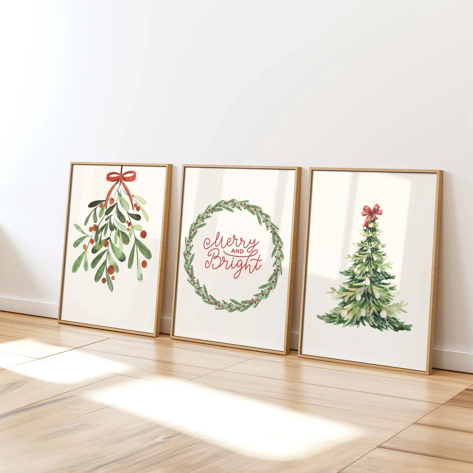 Merry And Bright Christmas Prints Set of 3, Holiday Wall Art, Red Green Festive  Posters