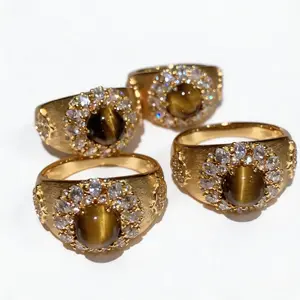 Vintage Brushed Maillard Natural Tiger Eye Stone Ring, Luxurious and Sophisticated, Stackable, Ultra-Shiny, Micro-Inlaid, Wide Band Index Finger Ring