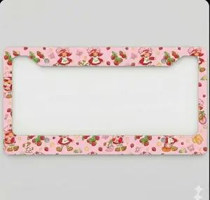Strawberry Shortcake Pink License Plate Frame – Cute Kawaii Car Plate Holder License Plate Frame Accessories.