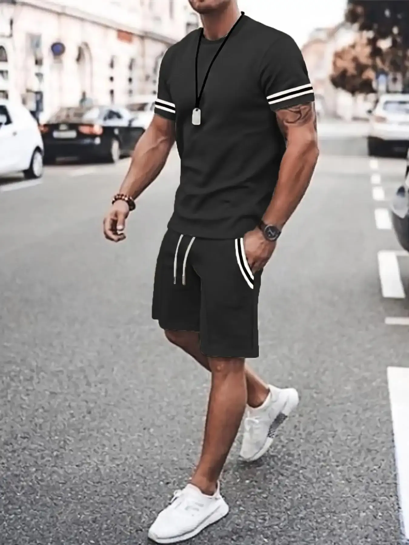 Men's Striped Loungewear Set Tee Shorts Drawstring Waist Round Neck Short Sleeve Summer Athleisure Two Piece, everyday wear, must have item, essential piece, trendy style, wardrobe staple, wardrobe essential
