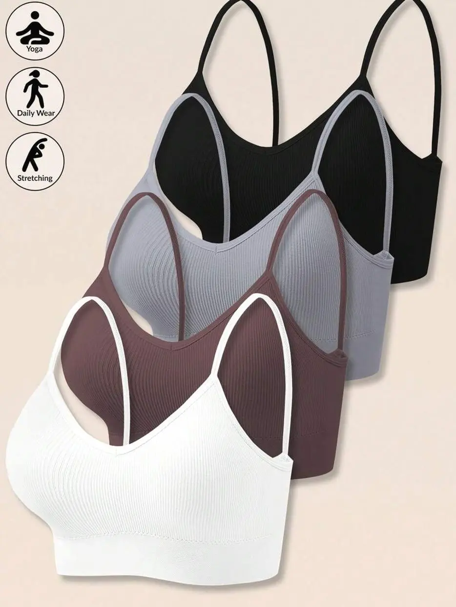 Women's 4-Pack Seamless Rib Knit Wireless Bralettes, Padded Cami Sports Bras, Stretch Yoga Lounge Everyday Comfort Bras