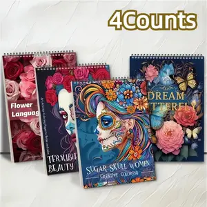 Flower & Skull Pattern Coloring Book, 4 Counts/set Easy Coloring Painting Book, Arts & Crafts Book, Ideal Gift for New Year, Valentine's Day