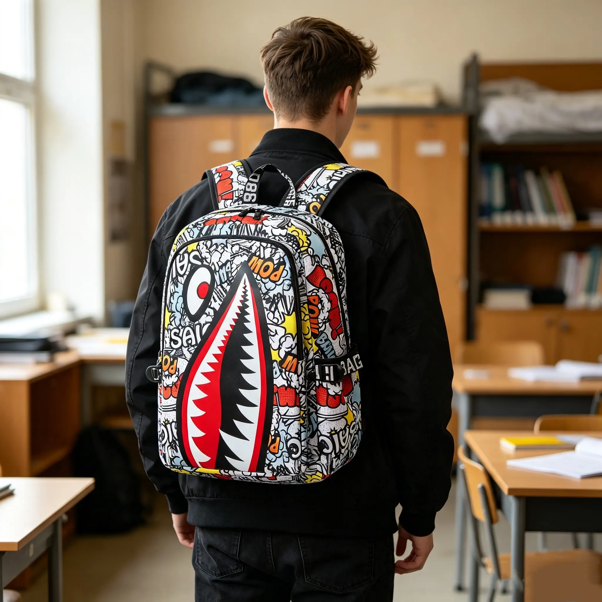 The backpack with shark-themed unique pattern print is a lightweight and casual bag featuring adjustable shoulder straps and a zipper closure. It is an essential choice for schoolbags when starting the new term.
