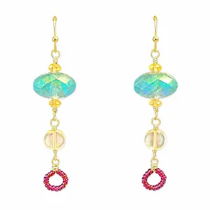 Earring Handmade wire wrapped Beaded drop dangle with natural quartz round beads,  berry seed beads, teal  iridescent faceted oval beads beautiful gold plated wire wrapping Modern colorful dangle earrings