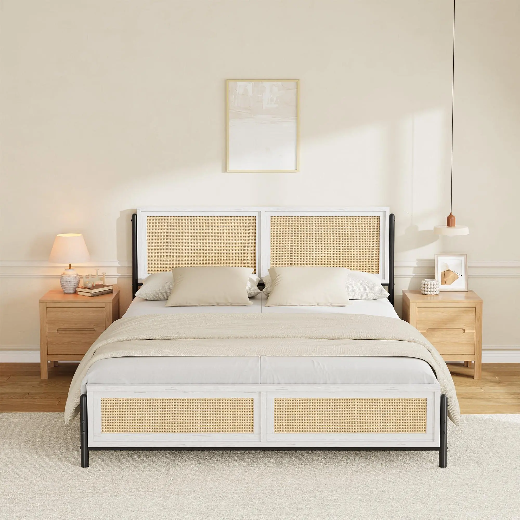Gaomon Queen Size Rattan Bed Frame - Boho Wooden Platform Bed with Natural Rattan Headboard & Footboard, No Box Spring Needed, Noise-Free, Eco-Friendly Fast-Install, Assembly Required