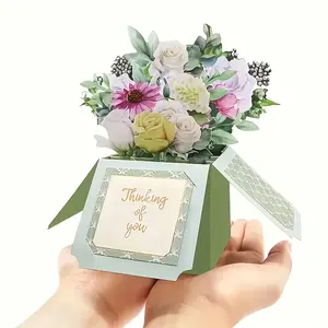 1 Handmade 3D Floral Pop-Up Greeting Card with Envelope – Thoughtful "Missing You" Paper Bouquet Card, Suitable for Birthdays, Anniversaries, Thank You Notes, Christmas, and New Year Invitations – Green Geometric Design with White Roses