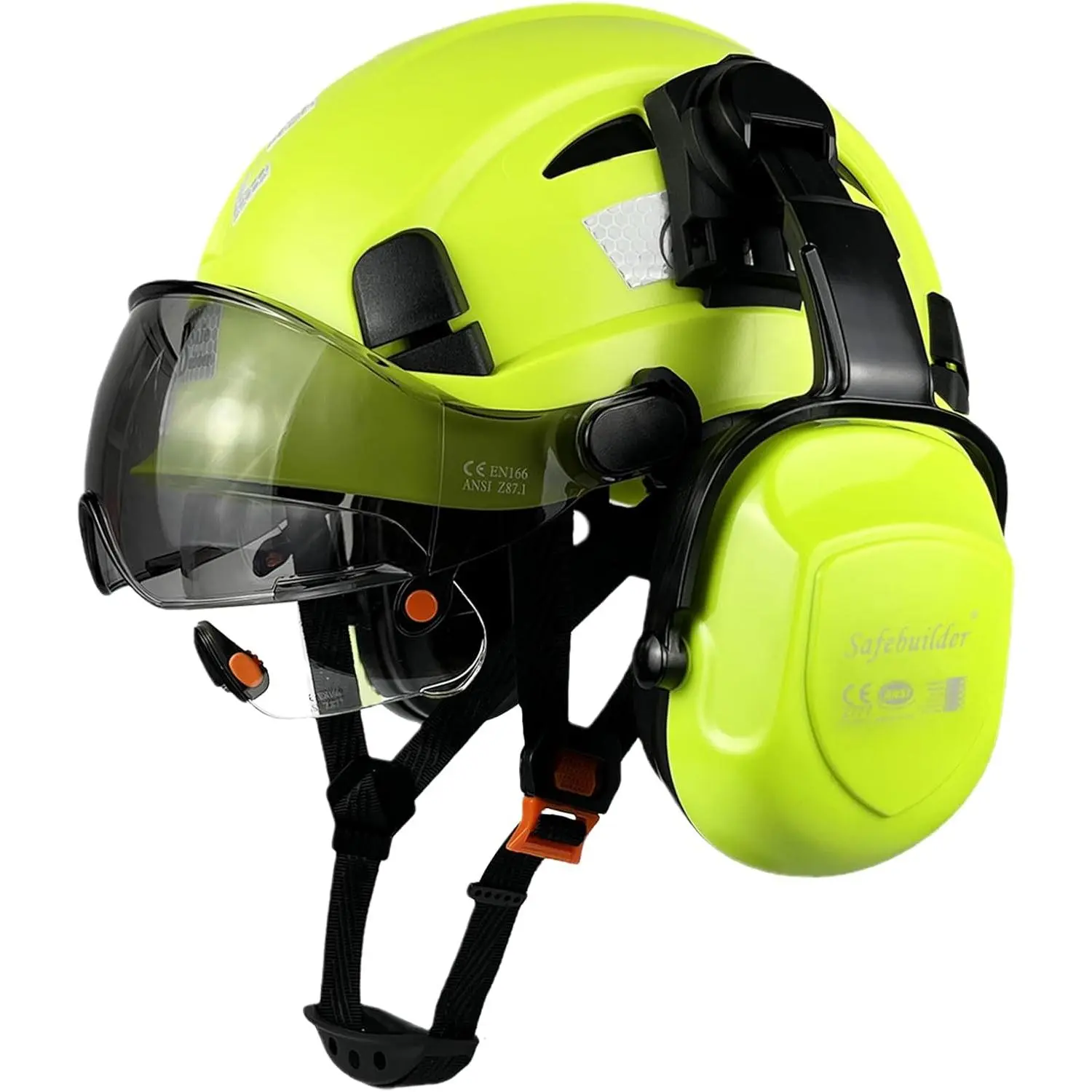 Vented Industrial Hard Hat with Ear Muffs and Dual Polycarbonate Visors, ABS Shell with 6-Point Suspension for Impact Protection, Adjustable Fit 53–63 Cm for Construction Work Safety Vest Safety Trainers, Universal, All-In-One Head, Eye & Ear Protection