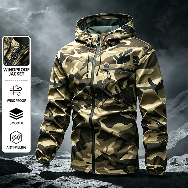 Men’s casual hooded jacket featuring an all-over camouflage print, durable windproof construction, and a hood with adjustable drawstring and fastening mechanism. Elastic cuffs make it ideal for outdoor leisure activities such as hiking and camping.