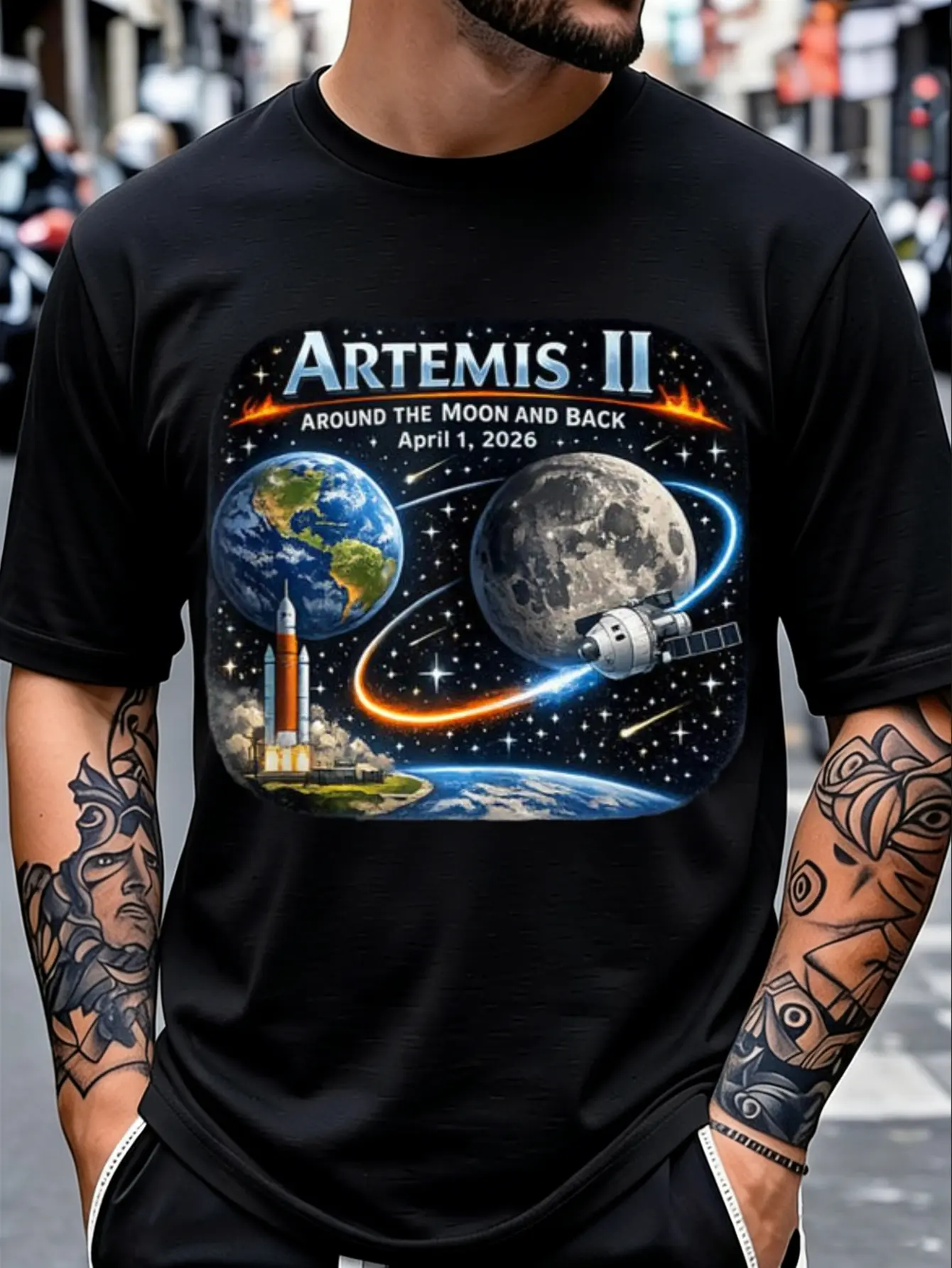 Men's Artemis II "Around the Moon and Back" Graphic Streetwear T-Shirt - Black Crewneck, Short Sleeve, Breathable Fabric, Casual Menswear Enthusiast Tee, 2026 Spring & Summer New Arrival, Shortsleeve