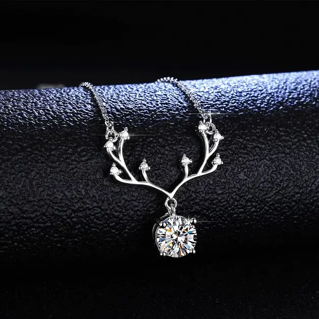 Authentic Platinum Plated 925 Sterling Silver 2CT Moissanite Elk Antler Pendant Necklace