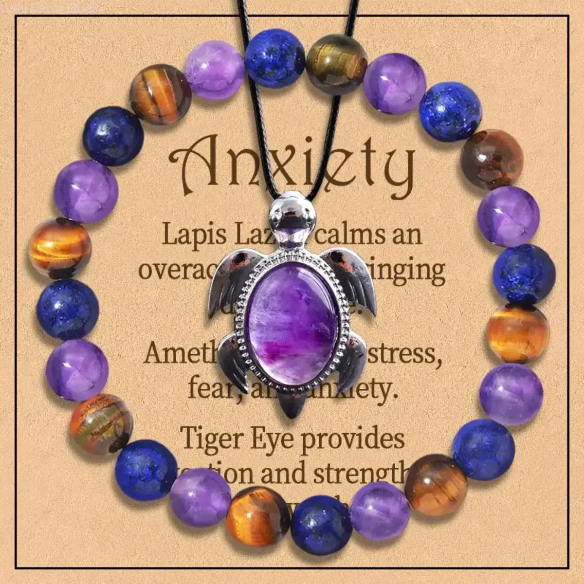 Women's 2-Piece Anxiety Relief Crystal Jewelry Set - Sporty Sports Wristband Bracelet, Turtle Pendant Necklace with Natural Amethyst, Lapis Lazuli, Tiger Eye Stones for Calming Stress, Boosting Courage, Sporty Sports Wristbands