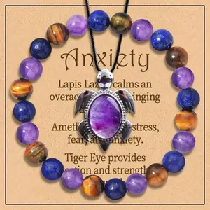 Women's Anxiety Relief Crystal Bracelet-Turtle Pendant Necklace Set - Natural Amethyst, Lapis Lazuli, Tiger Eye Stones for Calming Stress, Courage - Healing Gemstone Sports Wristband Jewelry