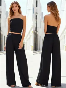 Womens Summer Outfits 2 Piece Sets Ladies Casual Solid Color Textured Fabric Strapless Top And Wide Leg Pants Set For Spring/Summer Sunbathing Beach outfit