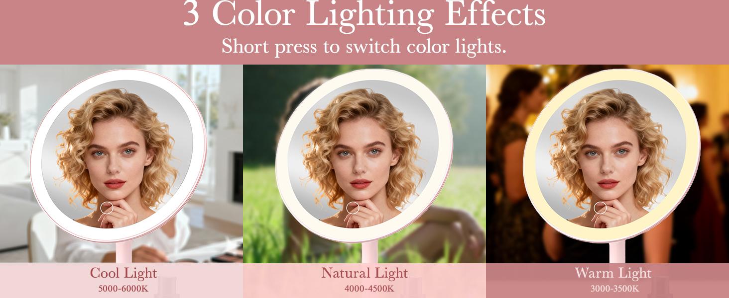 Amifiy Lighted Makeup Mirror — 4-in-1 Rechargeable Magnetic Beauty Mirror, 360° Free Rotation (Pink), 3 Color Modes & Adjustable Brightness, Detachable Design, Portable Lighted Makeup Mirror for Desktop & Travel Use