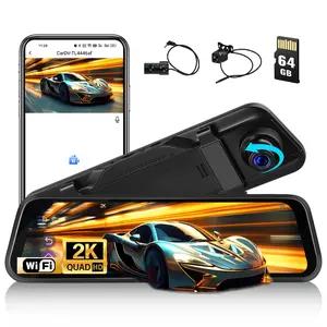SummerVibes 9.66 Inch 2K Mirror Dash Cam Car with 2 Camera 1080P, Front 150° and Rear Dashcam 120° with Reverse Line, Night Vision, G-Sensor, 64GB WiFi App Card