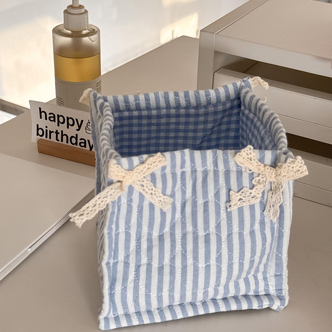 Bow stitched desktop storage box, small bear floral fabric storage basket, girly cosmetics organizer