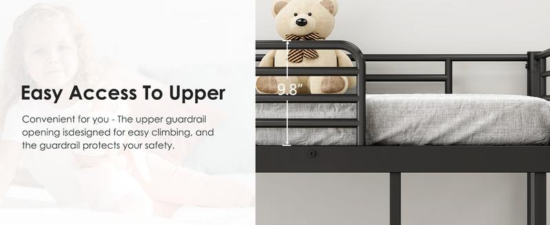 Bunk Bed Twin Over Full Size, Quiet & Sturdy Space-Saving Metal Bunk Bed with 9.8-Inch Guardrail and Ladder for Kids, Teens, And Adults, Black Heavy-Duty Frame with 400 lbs Capacity for Small Bedrooms & Shared Rooms