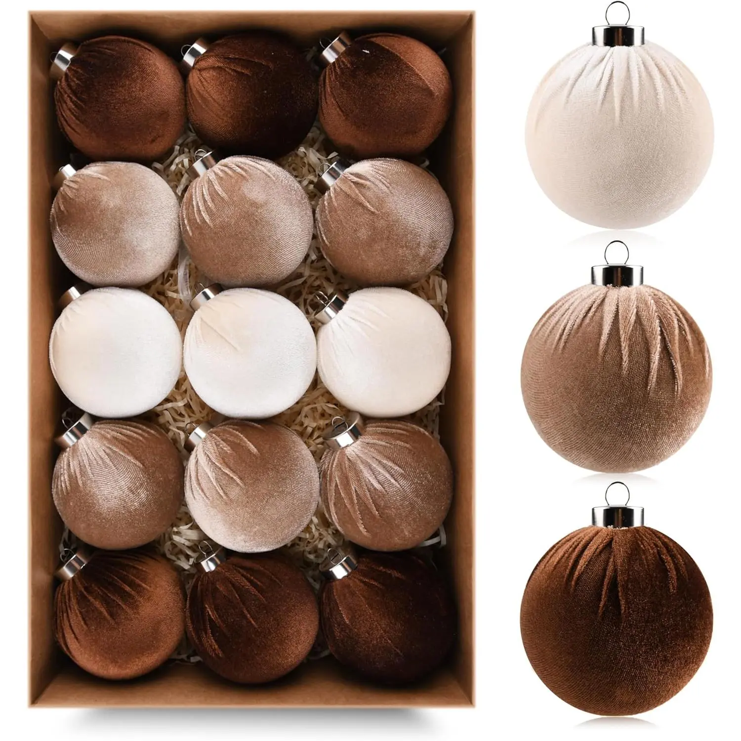 15-Piece Shatterproof Brown Velvet Ornament Set - Neutral Brown, Beige Multicolor Christmas Tree Decorations, 80mm (3.15in) Festive Home Supplies
