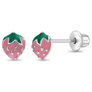 Summer Strawberry Baby / Toddler / Kids Earrings Screw Back Enamel - Sterling Silver