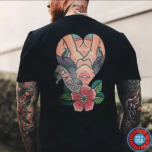 GET A GRIP Sexy Lady with Flowers Black Print T-Shirt