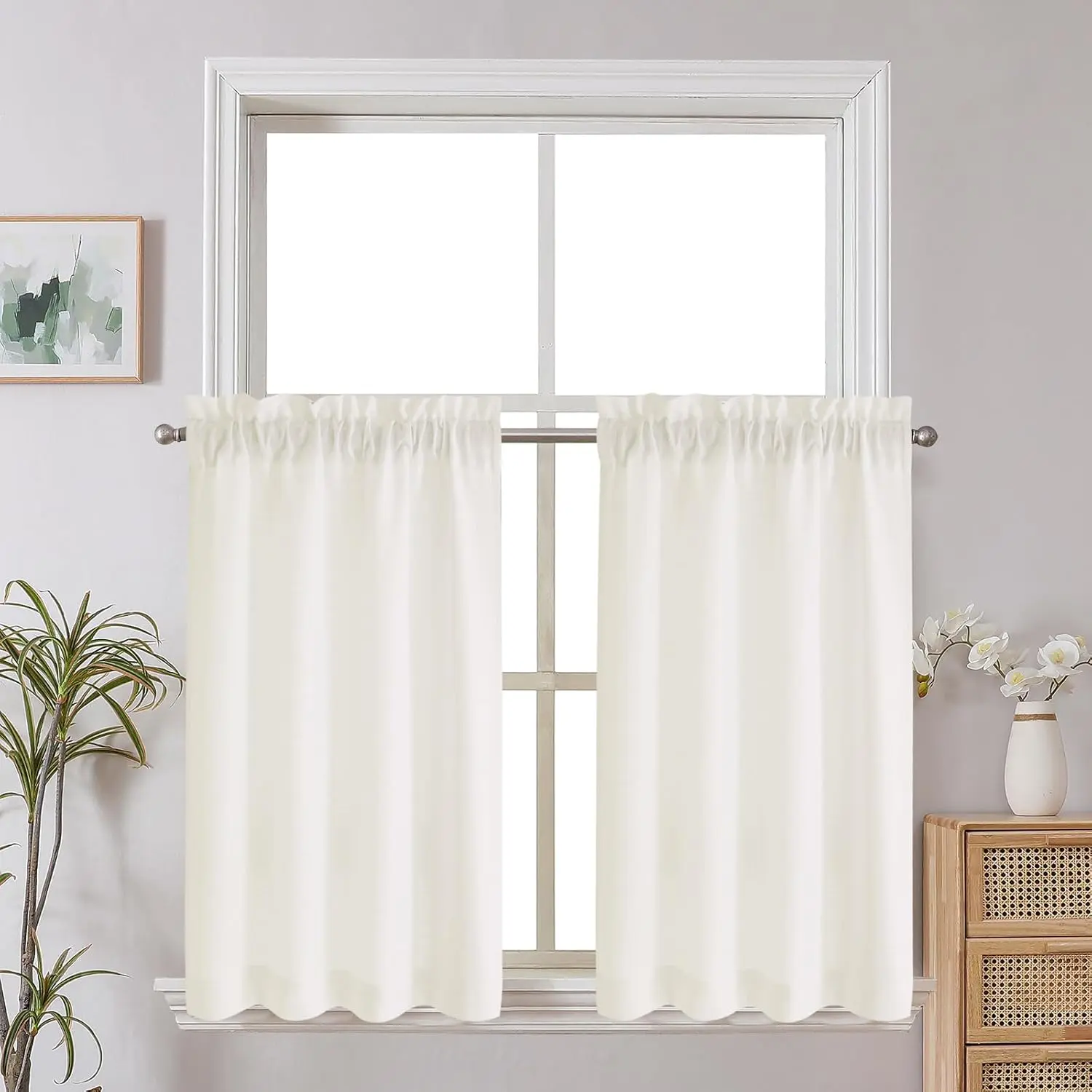 Short Curtains 36 Inch Length, Faux Linen Textured Small Kitchen Curtain, Light Filtering Yellowish Half Window Curtains for Basement Cabinet, Each 30x36 Inch, Cream(prev. Ivory)