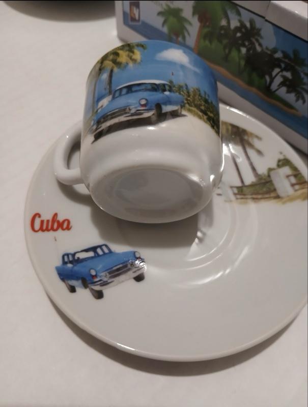 Cuban Coffee Set 12 Pieces - 6 Cups & 6 Plates with Classic Vintage Car Design and Palm Trees