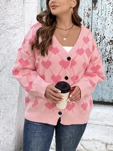 Women's Casual Heart Pattern Sweater Coat, Fall Winter Style, Valentine's Day Gift, Trendy Outerwear