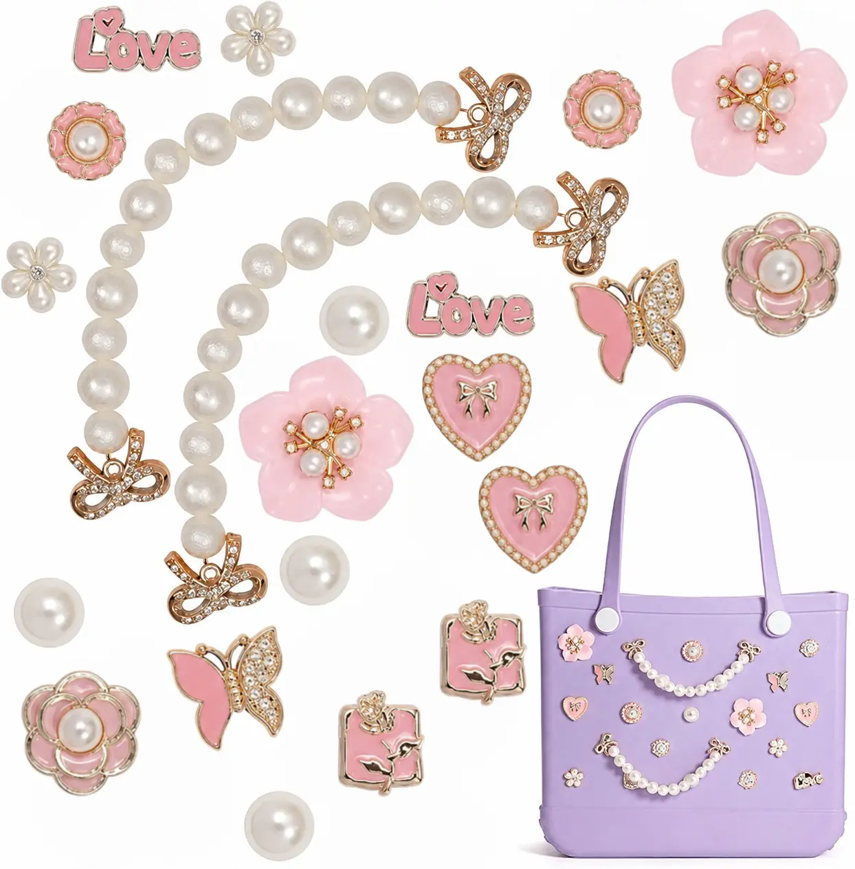 Matte Pearl Chain Charms for Beach Bags, 23Pcs Rhinestone Flower Pearl Accessories with Clasps, Decorative Inserts for Rubber Tote Bags Women