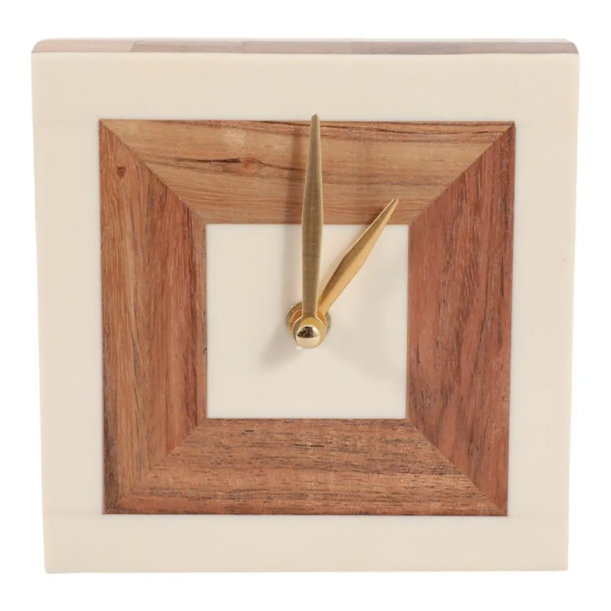 212 MAIN 5 in. Square Resin Clock with Wooden Inlay, Ivory & Natural Finish, Nature-Inspired Home Decor