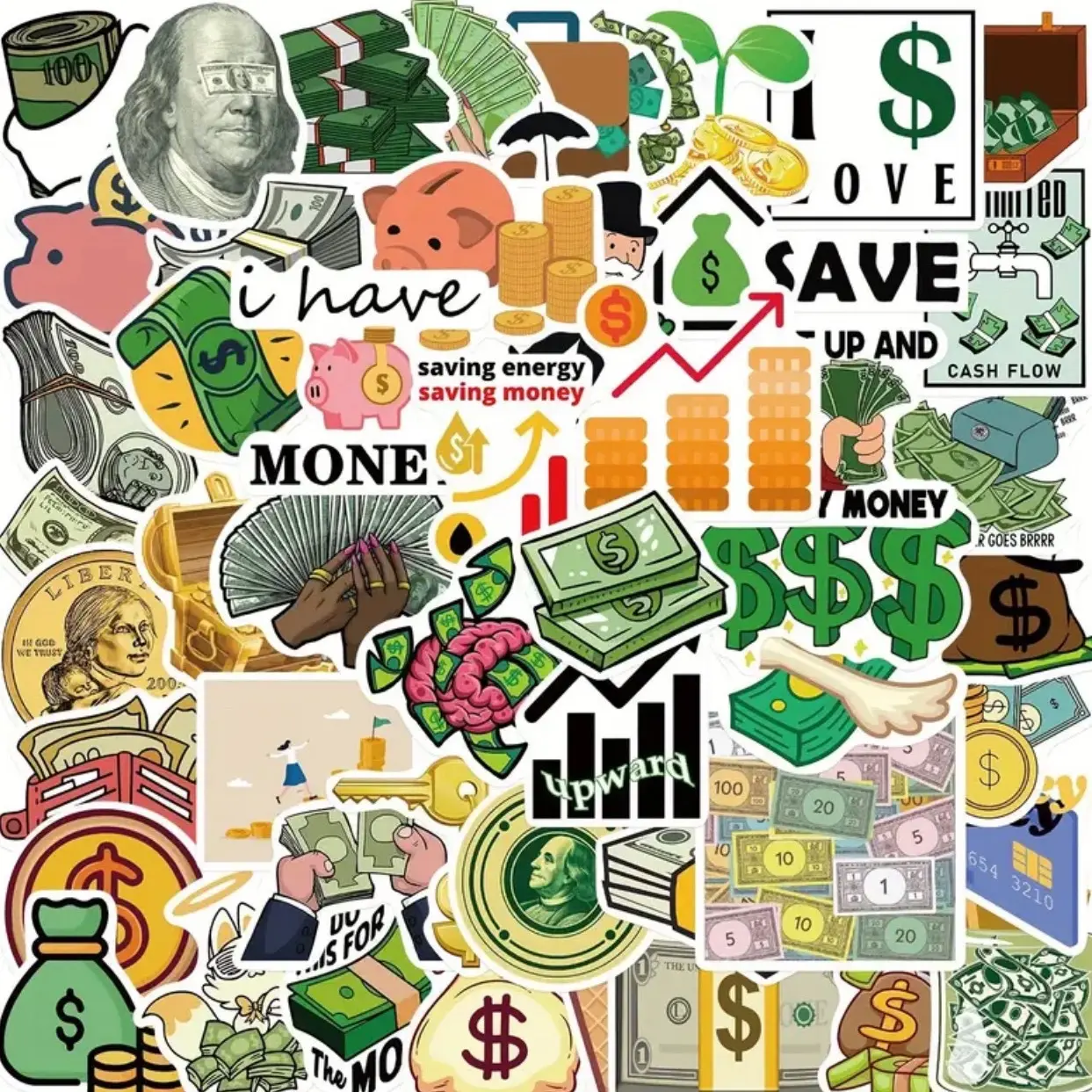 50pcs Money Symbol Dollar Stickers for Planner, Scrapbooks, Water Bottles - Perfect for Adults, Love Money Party Decorations, and Themed Party Favors