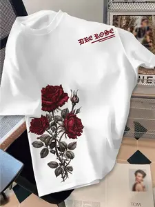 Men's "Dre Rose" Realistic Red Rose Graphic Oversized T-Shirt (1-Pack), Botanical Tee, Gothic Floral Streetwear Style, Soft Breathable Cotton, Casual Loose Silhouette, Ideal for Alternative Fashion Fans, Daily Urban Outfits, Night Out & Tr