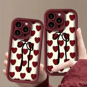Cute Full-Screen Red Heart Bow Fleece Pattern Phone Case Compatible with iPhone 17 Pro/16 Pro Max/16 Plus/16 Pro/16/15 Plus/15 Pro/15/14 Pro Max/14 Plus/14 Pro/14/13 Pro Samsung S25/24/23/22 Ultra Series Drop-proof and stain-resistant protective soft case