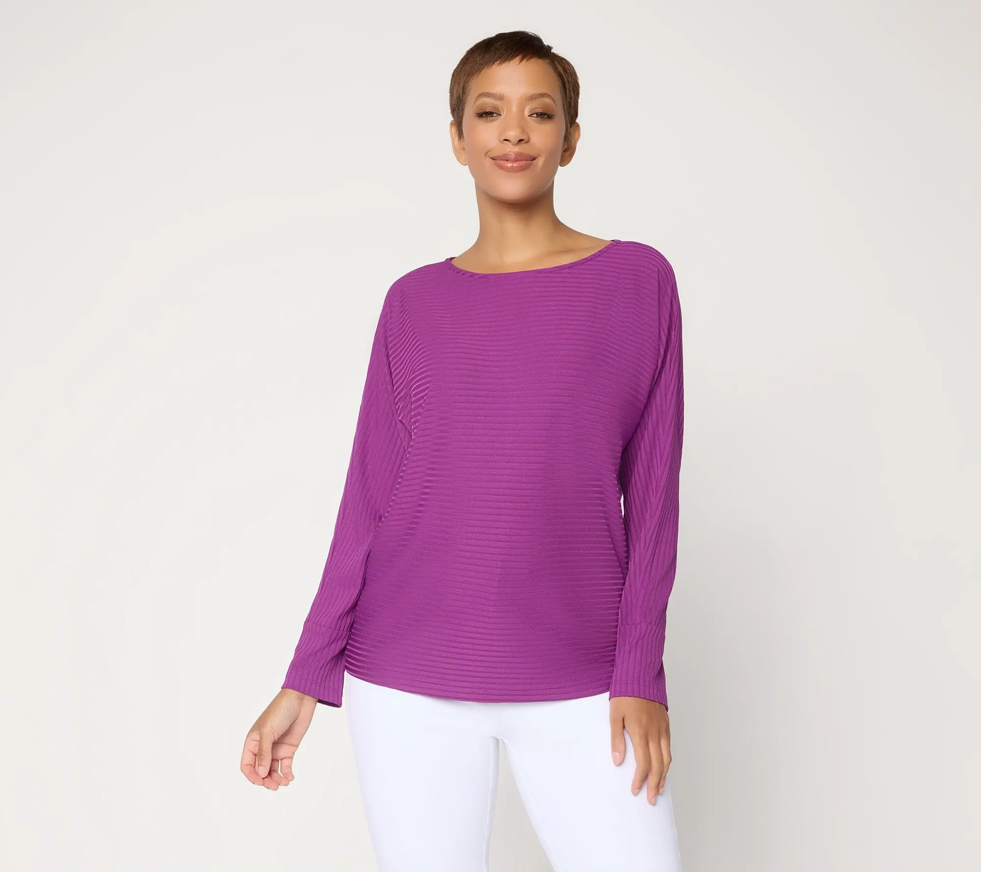 Susan Graver Ribbed Liquid Knit Dolman Sleeve Bateau Neck Top