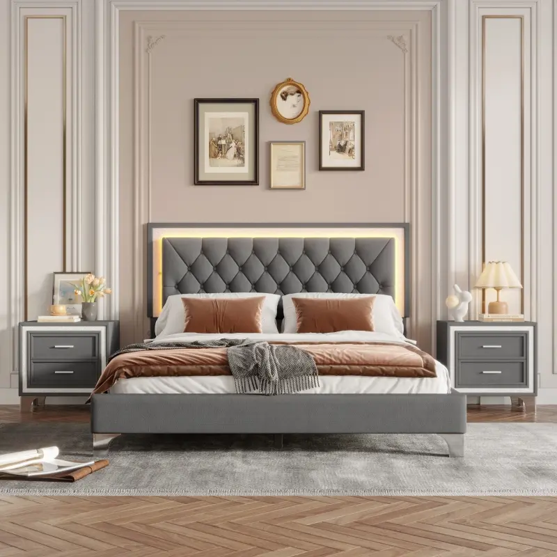 3 Pieces Bedroom Sets Queen Size Upholstered Platform Bed with LED Lights and Two Nightstands, No Box Spring Needed, Velvet