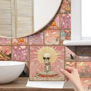 24PCS/Box NHZ Pink Retro Gothic Skull Tile Stickers | Crystal Film Self-Adhesive Waterproof Oil-Proof | For Kitchen Backsplash/Bathroom/Furniture/Stairs Wall Decor Decorative Sticker