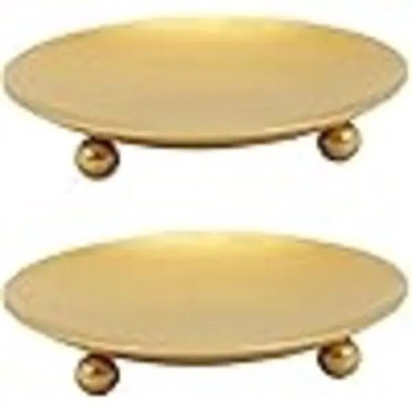 2 Pack Gold Decorative Iron Plate Candle Holder 4.33'' Candle Stand Candle Plate for LED & Wax Candles, Incense Cones, Spa, Weddings (Gold-2 Pack)