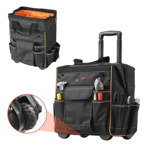 Rolling Tool Bag With Wheels, 25 Pockets Heavy Duty Wheeled Tool Storage Case, Durable Portable Organizer for Construction Tools, Mechanics, DIY Hand Tools and Accessories, Wide Opening Top, Reinforced Handles, Waterproof Material