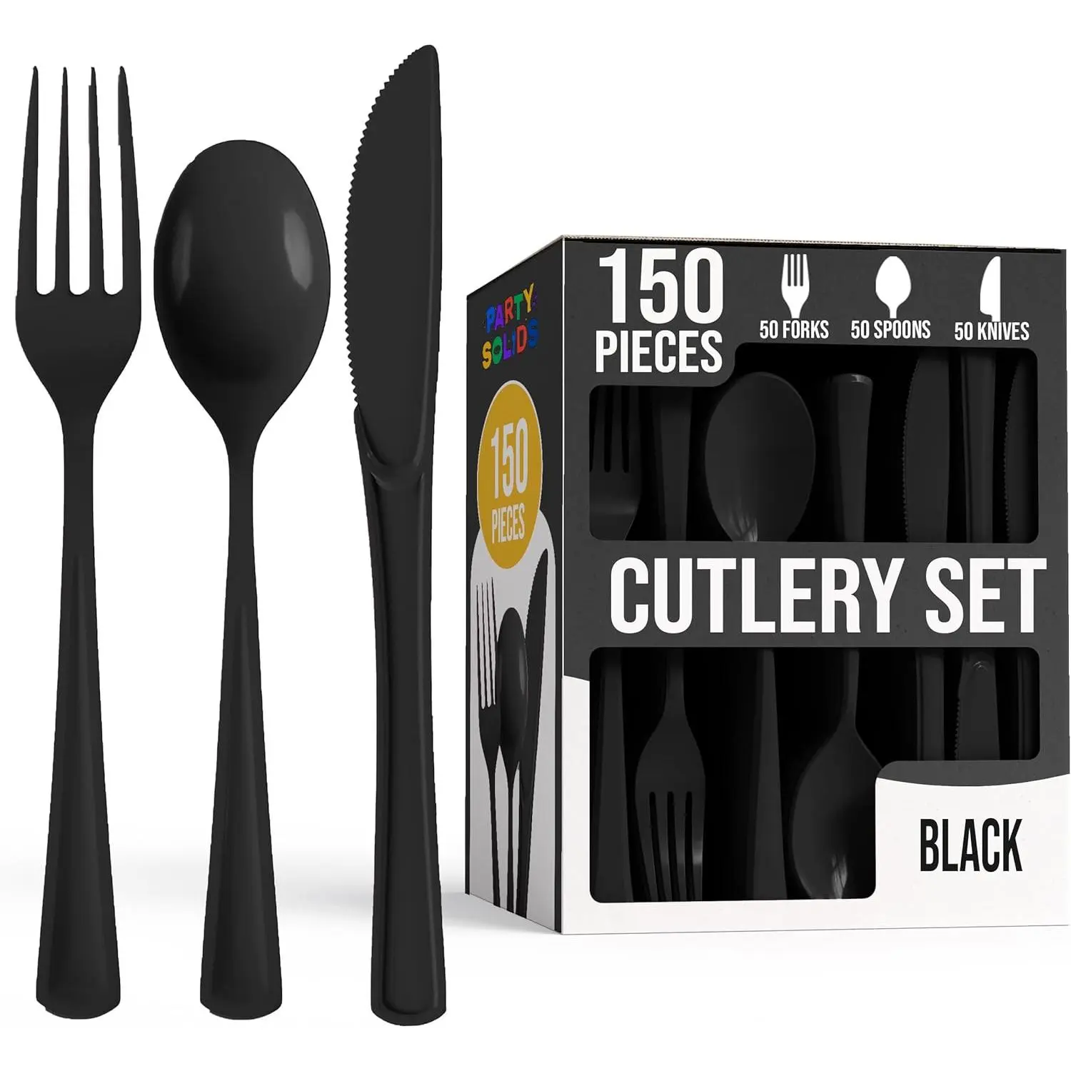 Party Solids Black Plastic Silverware Heavy Duty 150 Pieces Black Disposable Silverware Heavy Duty, Utensil Sets, 50 Of Each Forks, Knives & Spoons Disposable Cutlery Set For Party Supplies