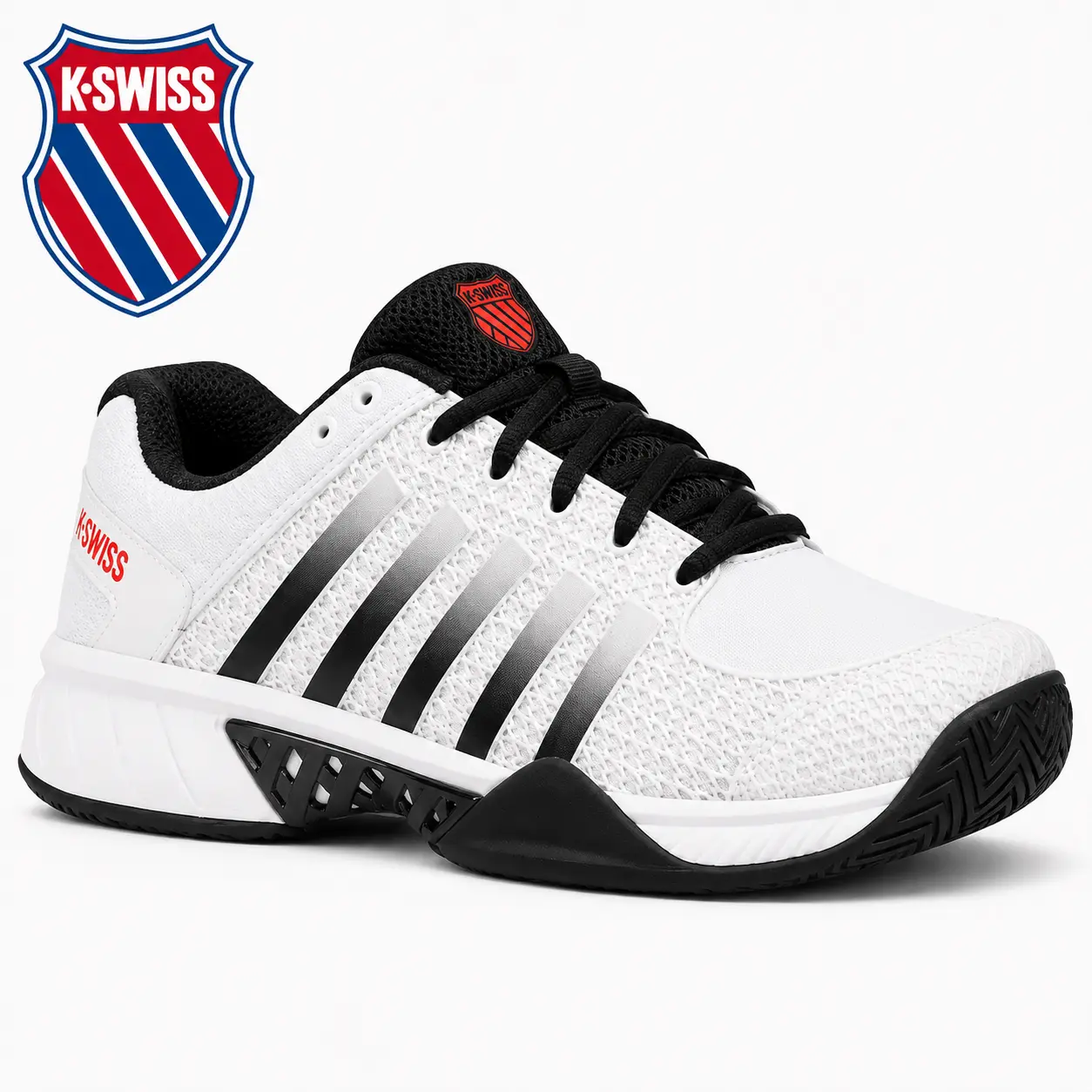 K-Swiss Men’s Pickleball Court Shoes | White/Black/High-risk Red Express Light Series with Lateral Grip Outsole