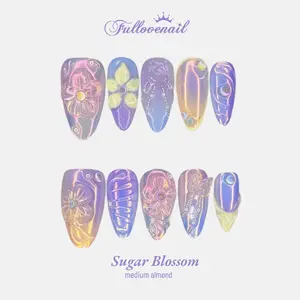 Fullovenail Almond Shape 10 PCS Sugar Blossom Handmade Press on Nail REUSABLE 3D Gel Fake Nails Acylic Press on Nail/Summer 2025 dreamy nail