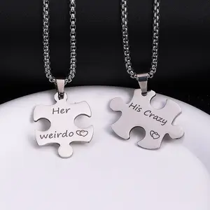 "His crazy her weirdo" stainless steel titanium steel couple pendant necklace, versatile for daily use, anniversary gift