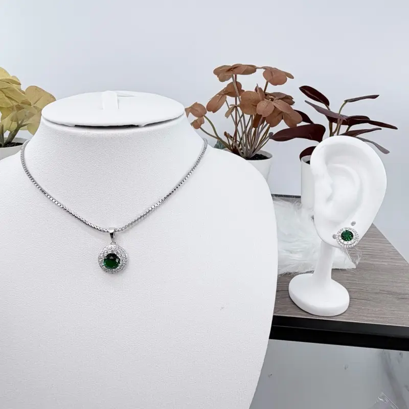 (SetX) Silver Circle Colored Gemstone Pendant and Earrings Set with Rhinestone