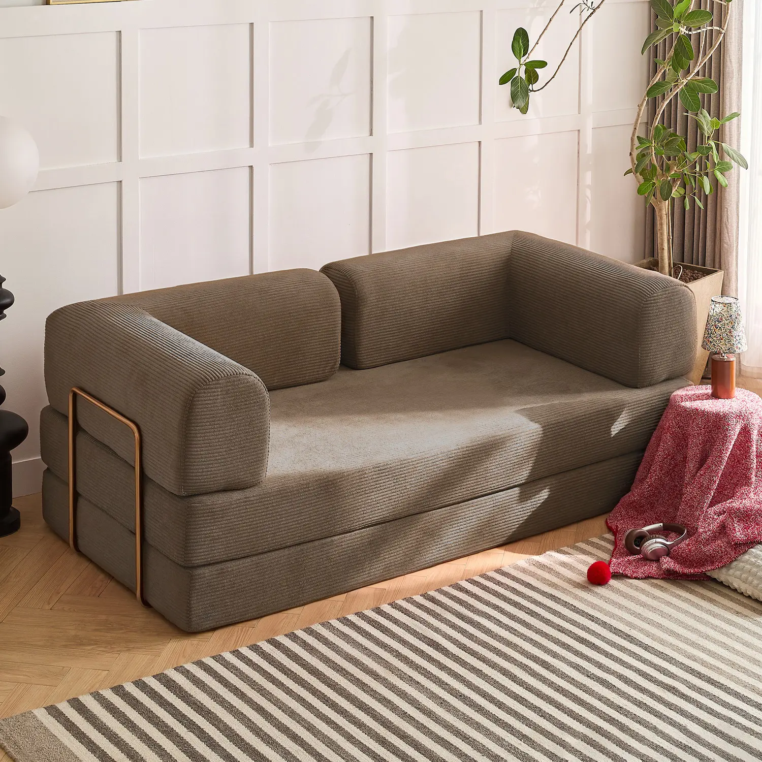 Modular Convert Fold Sofabed - Boneless Sectional Cloud Sofa with Sponge Fabric, Vacuum-Packed Oversized Plush Chaise Lounge, Velvet/Chenille/Corduroy Cooling Indoor Furniture, Space-Saving Loveseat with Adjustable Arms for Small Spaces, Living Rooms