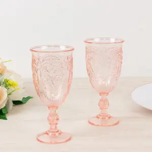 24-Pack Plastic Wine Glasses 10oz – Transparent Blush Vintage Goblets with Retro Embossed Design, Elegant Drinkware - 7" Tall