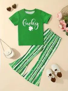 Girls' St Patrick's Day Letter Clover Pattern Short Sleeve T-Shirt & Bell Bottoms Set, Perfect for Outdoor Wear, Cute Style, Kid, Striped Sets