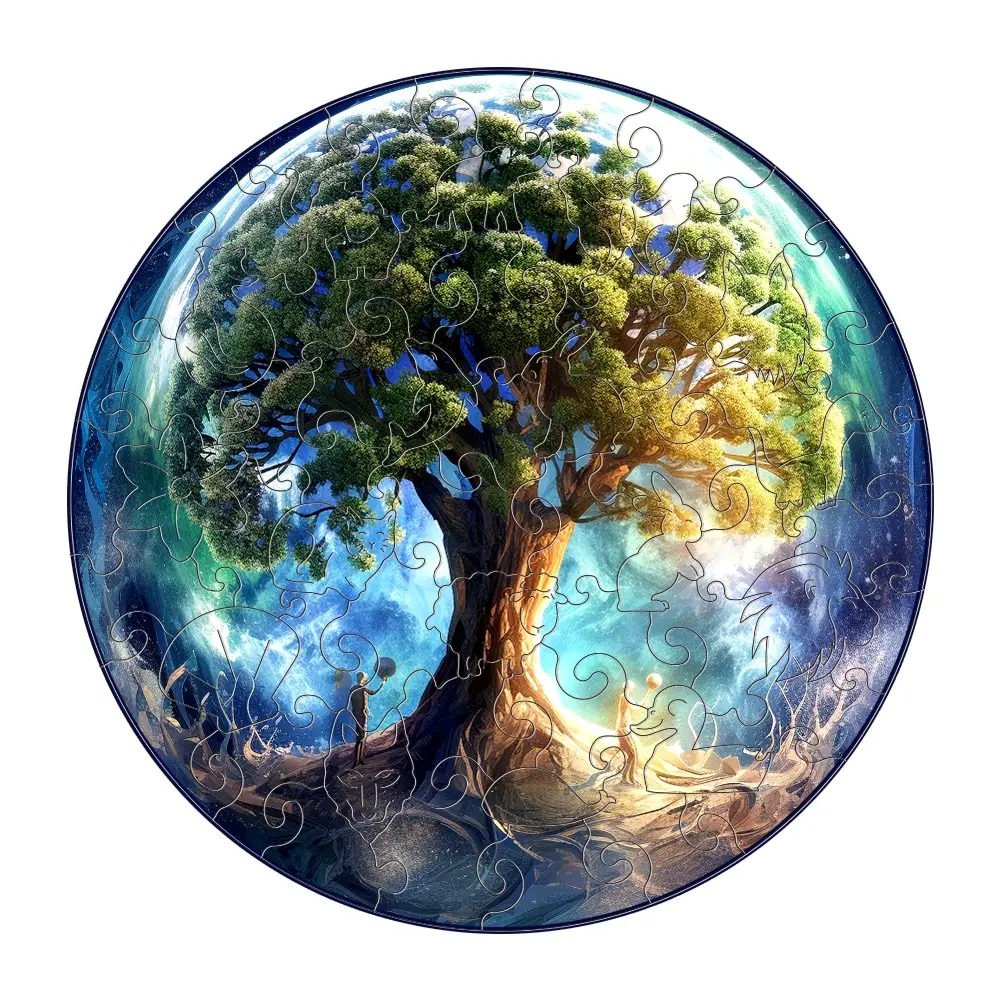 Earth Tree Round Wooden Jigsaw Puzzle with Beautiful Gift Package, Unique Shaped Pieces Wooden Toys for Adults and Kids, Perfect Christmas Gift Landscaping Gift Home Decor, Wooden Puzzles