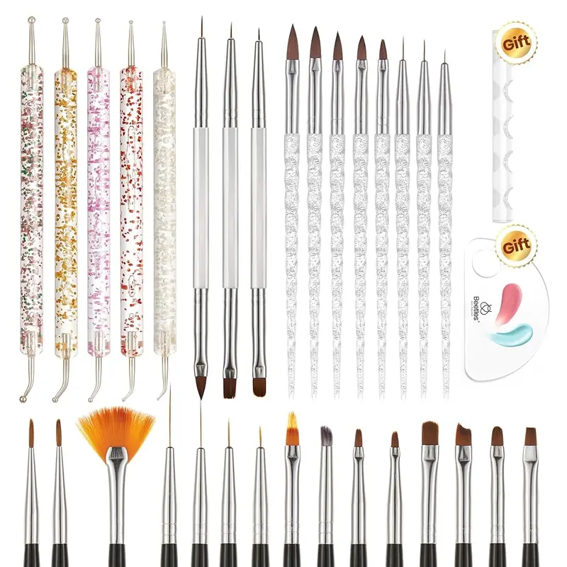 Beetles 31pcs Nail Care Starter Picks Multi-Pack Manicure Tool Kit - Dotting Tools, Drawing Pens, Dust Brush, Striping Liners, Cuticle Care Holder for DIY Home Nails, Selfcare Easter Gift