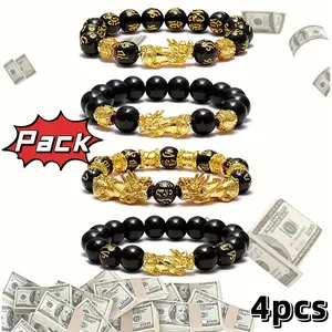 4 Pcs Feng Shui Pixiu Bracelet Set - 12mm Glass Beaded Wealth Luck Bracelet with Golden Pi Xiu, Adjustable Elastic Mantra Bracelets for Men Women, Attract Prosperity & Good Luck, Christian Inspired Christmas Gift Jewelry for Men Women