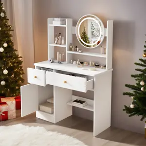 Round mirrored vanity table, white makeup table, small vanity table for bedroom, 3 lighting modes, suitable for children's bedrooms.